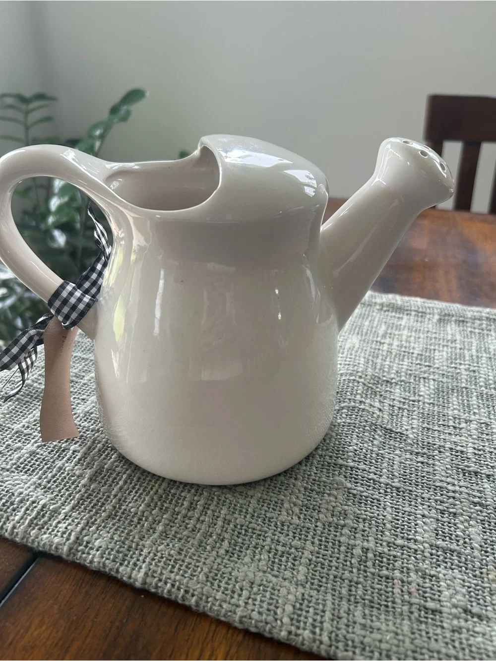 Rae Dunn White Ceramic Mug with Black Gingham Ribbon
